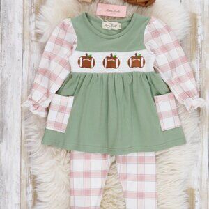 Marie Nicole Tan & Olive Plaid Smocked Football Ruffle Outfit XL 5T